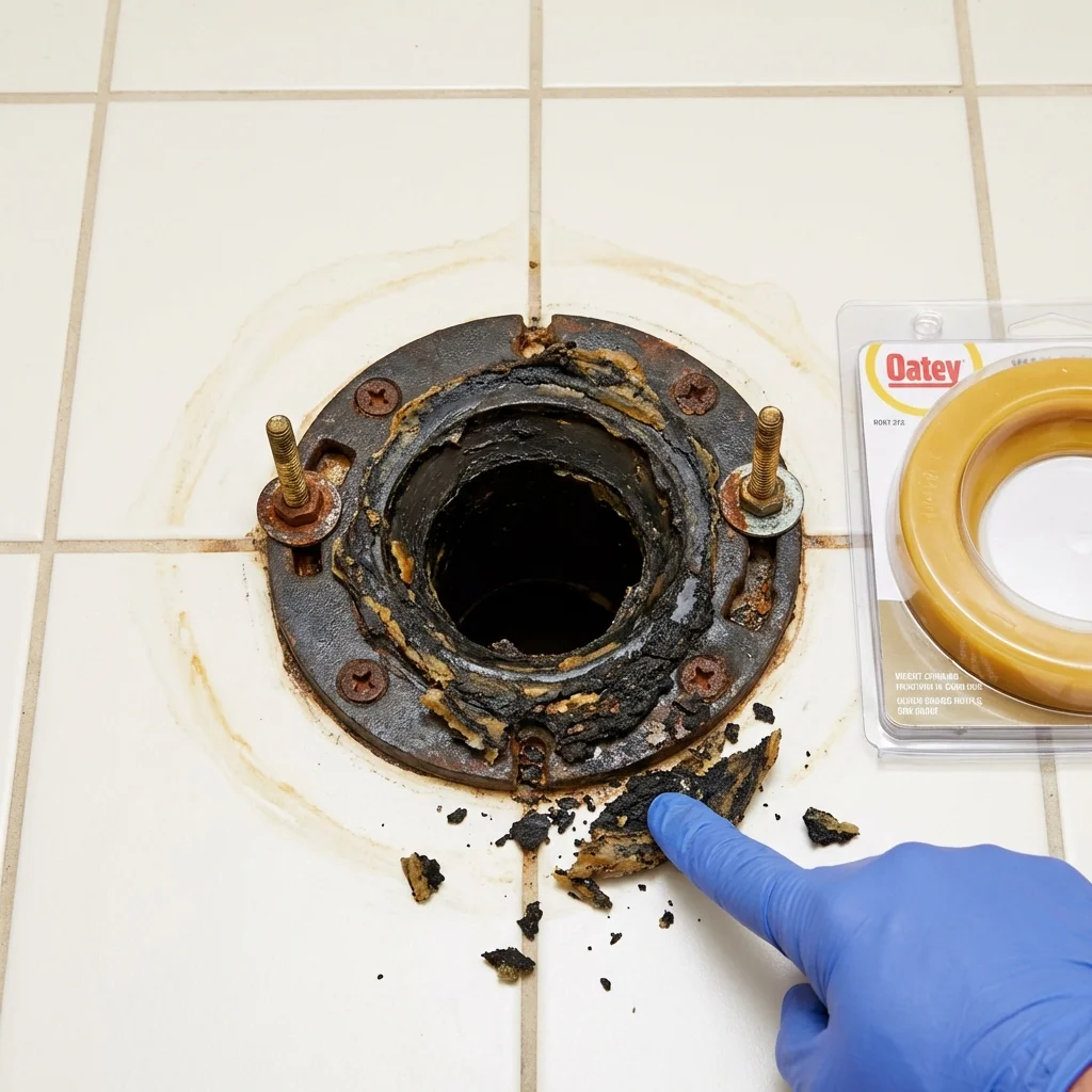 Failed wax ring showing water seepage at the base of a toilet in a Victoria, TX home