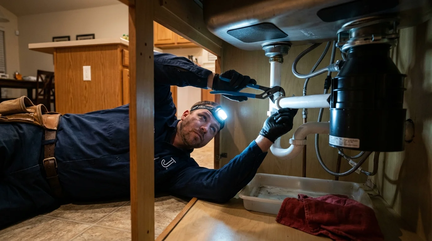 P-trap and supply line connections under a kitchen sink showing a common leak point in Victoria, TX